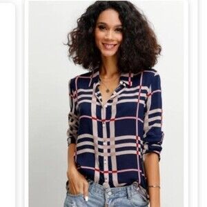 Polly & Esther Red Navy White Plaid Shirt Size S